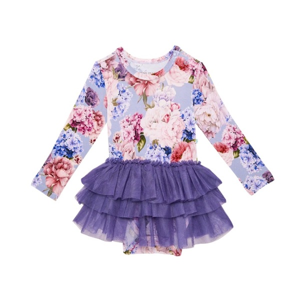 Posh Peanut Floral Long Sleeve Bodysuit w Purple Tulle Skirt in Annie print 3-6 - Picture 1 of 6